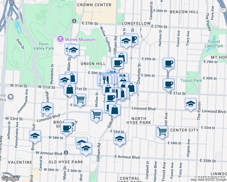 map of restaurants, bars, coffee shops, grocery stores, and more near 3110 Gillham Plaza in Kansas City