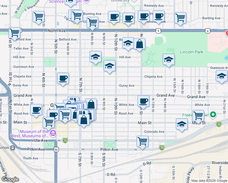 map of restaurants, bars, coffee shops, grocery stores, and more near 950 Grand Avenue in Grand Junction