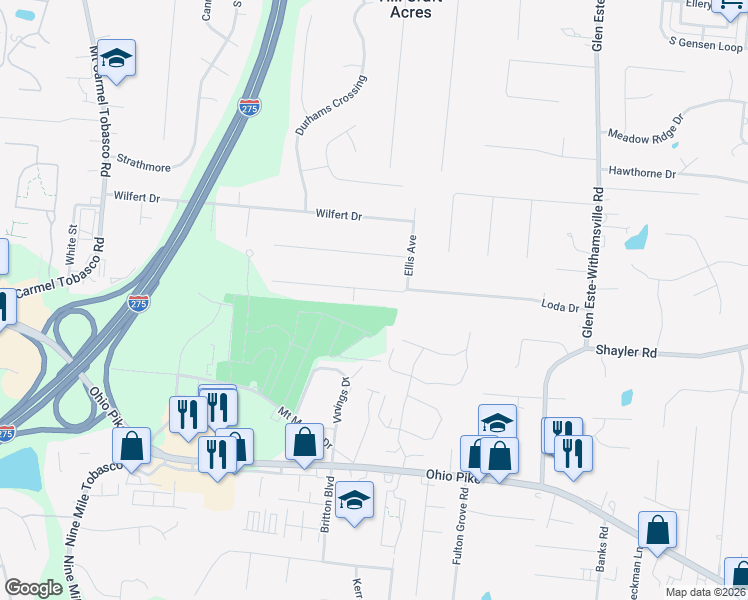 map of restaurants, bars, coffee shops, grocery stores, and more near 731 Loda Dr in Cincinnati