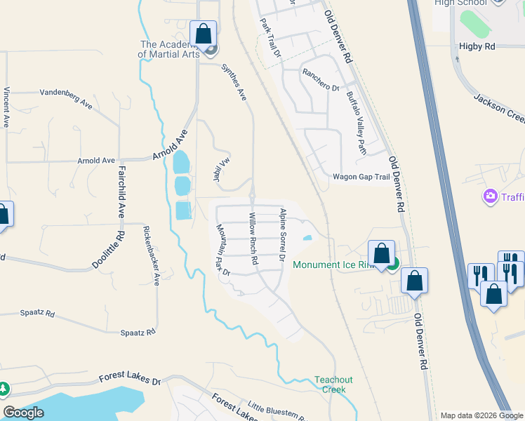 map of restaurants, bars, coffee shops, grocery stores, and more near in Monument