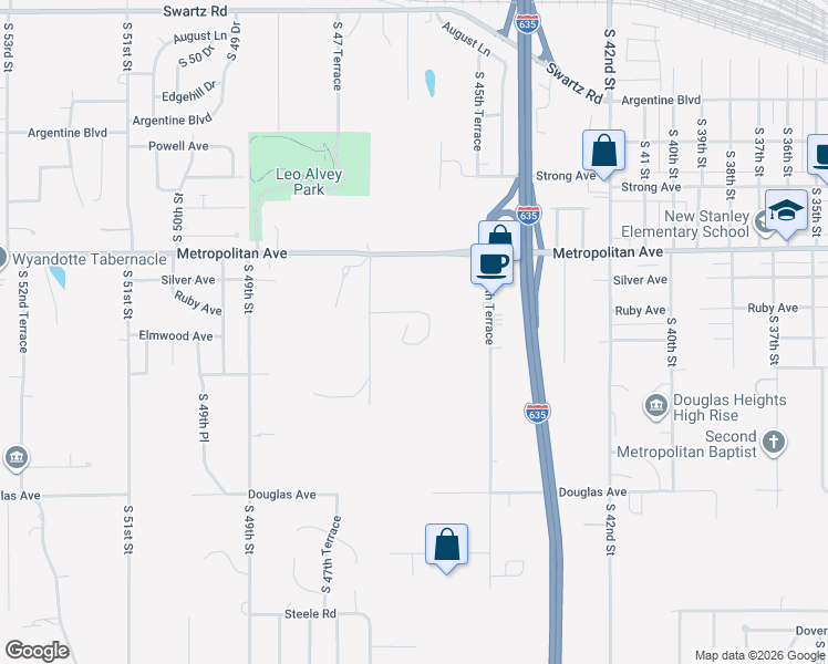 map of restaurants, bars, coffee shops, grocery stores, and more near 4615 Ruby Avenue in Kansas City