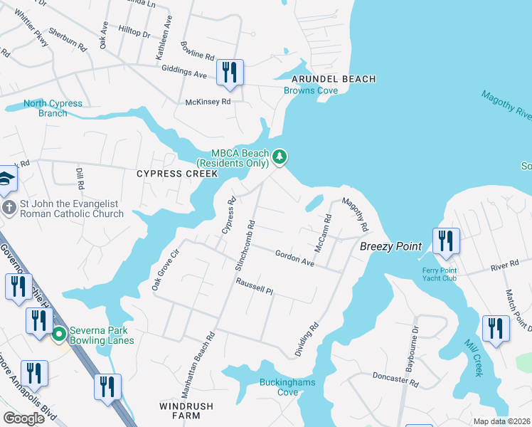 map of restaurants, bars, coffee shops, grocery stores, and more near 303 Smith Ave in Severna Park