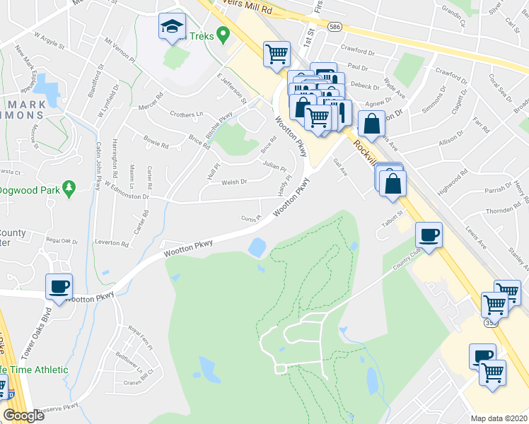 map of restaurants, bars, coffee shops, grocery stores, and more near 1006 Curtis Place in Rockville