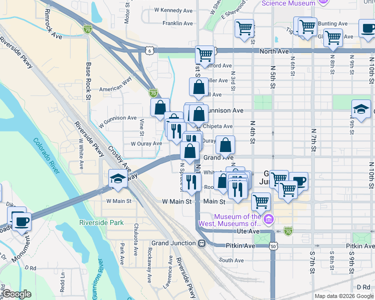 map of restaurants, bars, coffee shops, grocery stores, and more near 100-198 West Grand Avenue in Grand Junction