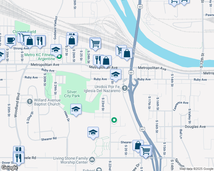 map of restaurants, bars, coffee shops, grocery stores, and more near 2218 Birch Drive in Kansas City