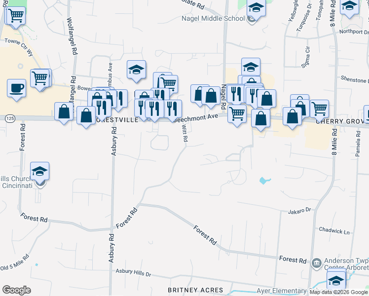map of restaurants, bars, coffee shops, grocery stores, and more near 1133 Witt Road in Cincinnati
