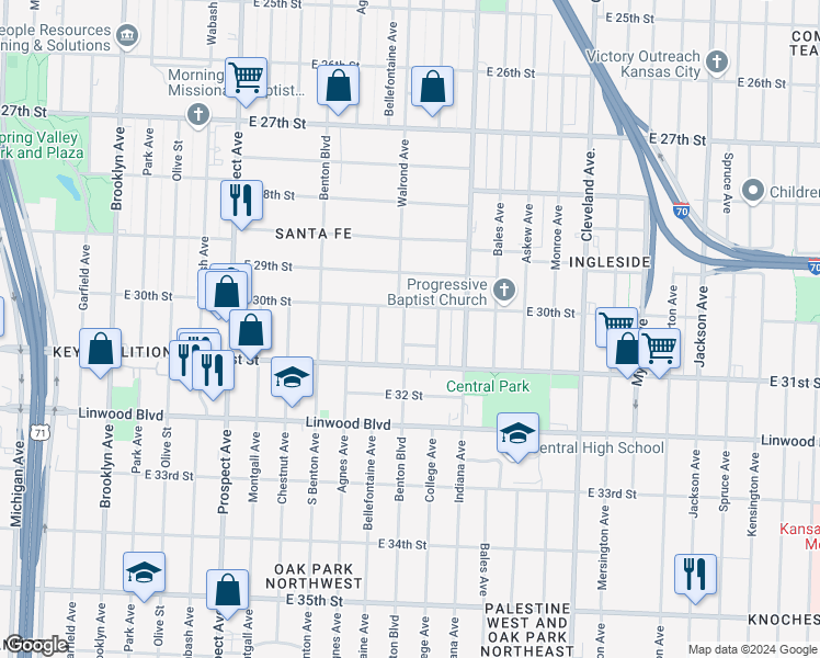 map of restaurants, bars, coffee shops, grocery stores, and more near 3019 Bellefontaine Avenue in Kansas City
