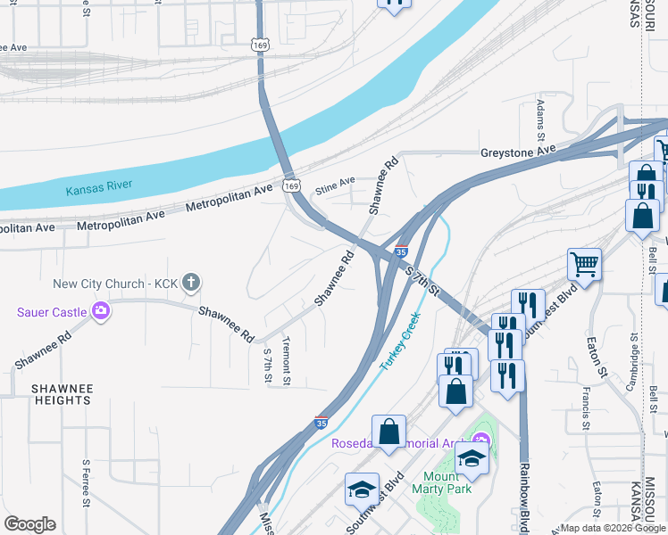 map of restaurants, bars, coffee shops, grocery stores, and more near 533 Shawnee Road in Kansas City