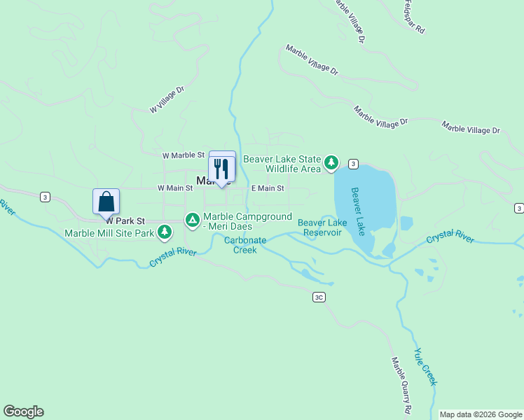map of restaurants, bars, coffee shops, grocery stores, and more near 213 E Park St in Marble