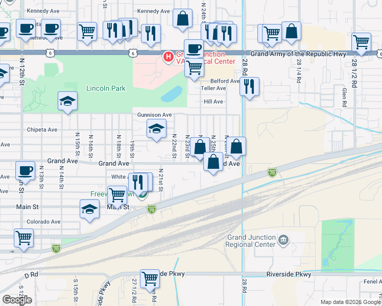 map of restaurants, bars, coffee shops, grocery stores, and more near 405 North 23rd Street in Grand Junction