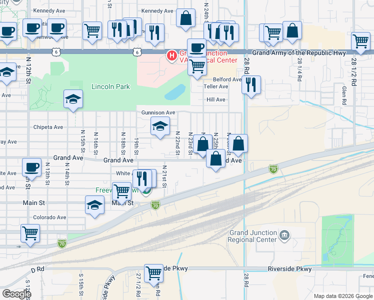 map of restaurants, bars, coffee shops, grocery stores, and more near 405 North 23rd Street in Grand Junction