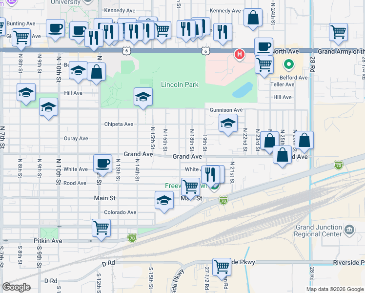 map of restaurants, bars, coffee shops, grocery stores, and more near 423 North 18th Street in Grand Junction