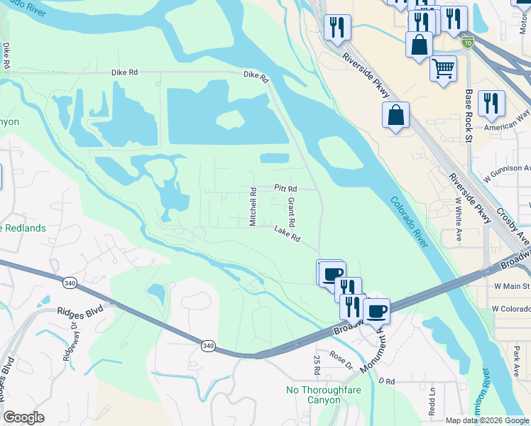 map of restaurants, bars, coffee shops, grocery stores, and more near 256 Lake Road in Grand Junction