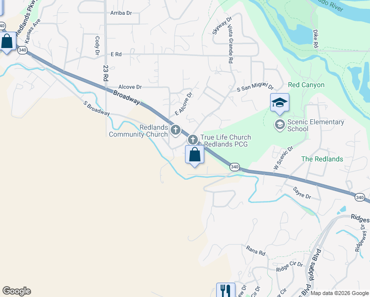 map of restaurants, bars, coffee shops, grocery stores, and more near 104 Vista Grande Drive in Grand Junction