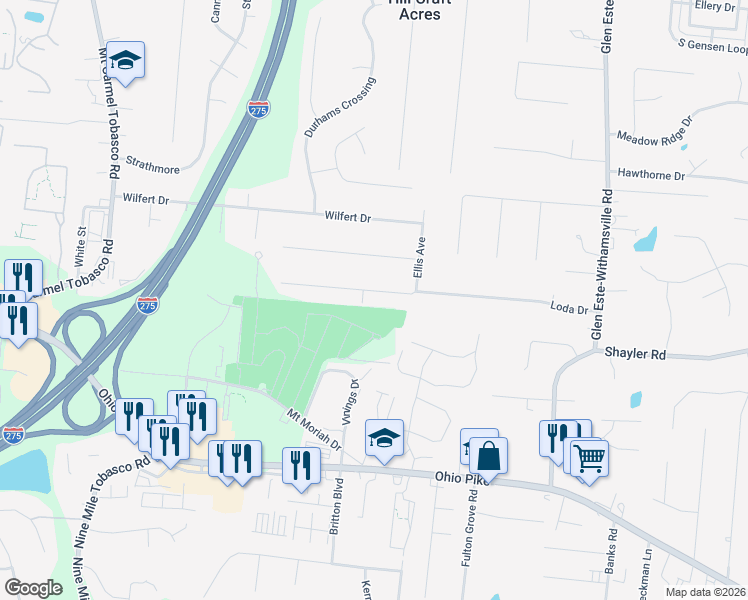 map of restaurants, bars, coffee shops, grocery stores, and more near 731 Loda Drive in Cincinnati