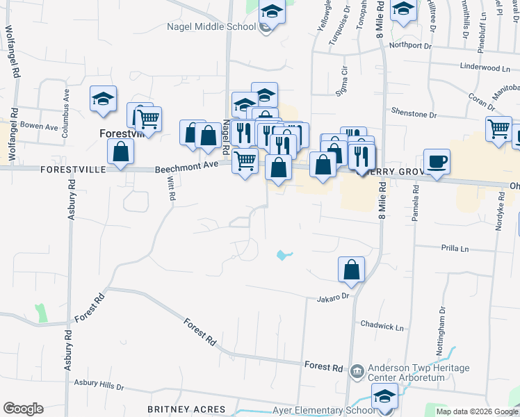 map of restaurants, bars, coffee shops, grocery stores, and more near 1081 Wittshire Lane in Cincinnati