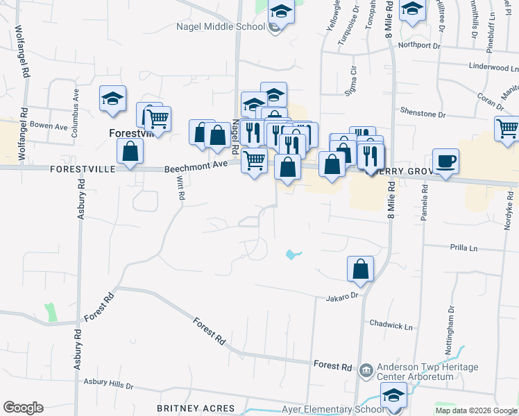 map of restaurants, bars, coffee shops, grocery stores, and more near 1081 Wittshire Lane in Cincinnati