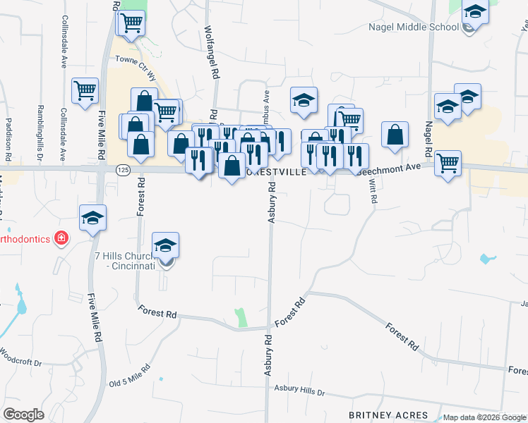 map of restaurants, bars, coffee shops, grocery stores, and more near 1115 Asbury Road in Cincinnati