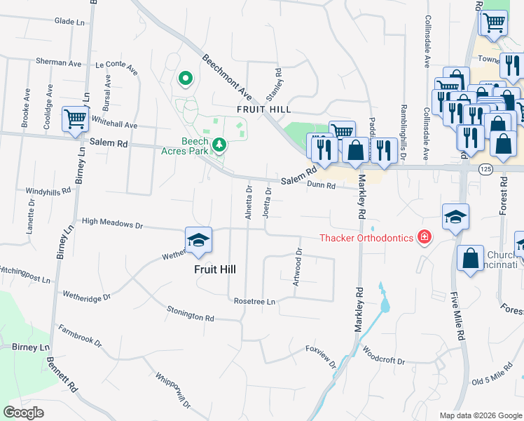 map of restaurants, bars, coffee shops, grocery stores, and more near 1121 Joetta Drive in Cincinnati