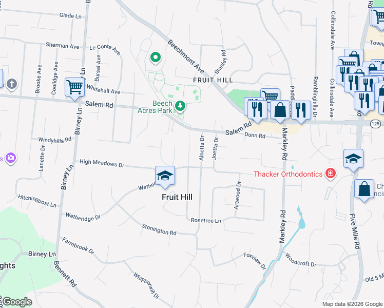 map of restaurants, bars, coffee shops, grocery stores, and more near 1116 Rosetree Lane in Cincinnati