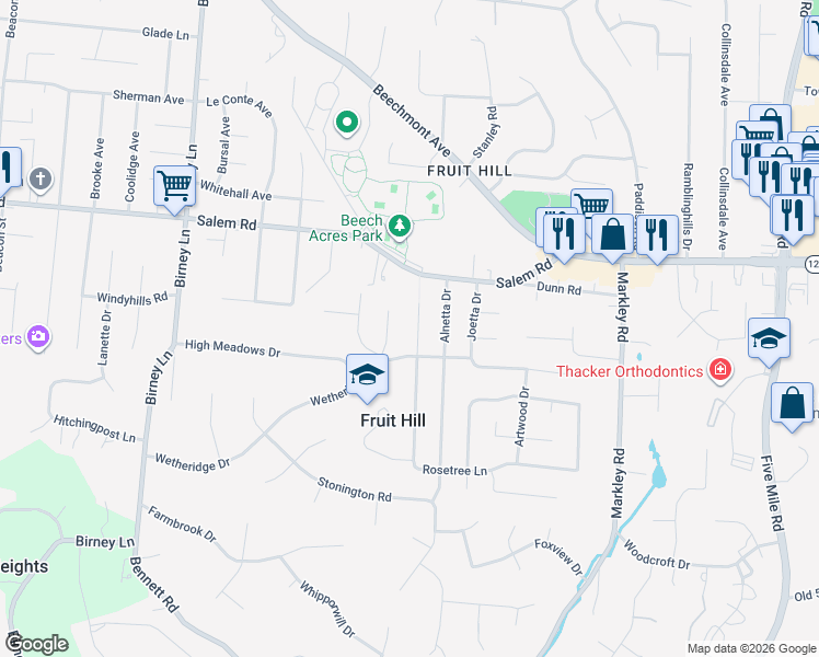map of restaurants, bars, coffee shops, grocery stores, and more near 1116 Rosetree Lane in Cincinnati