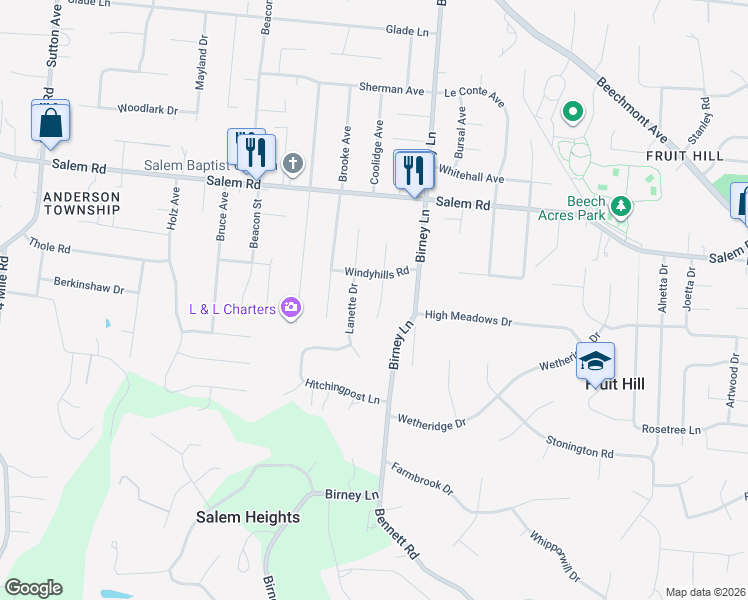 map of restaurants, bars, coffee shops, grocery stores, and more near 1067 Stormy Way in Cincinnati