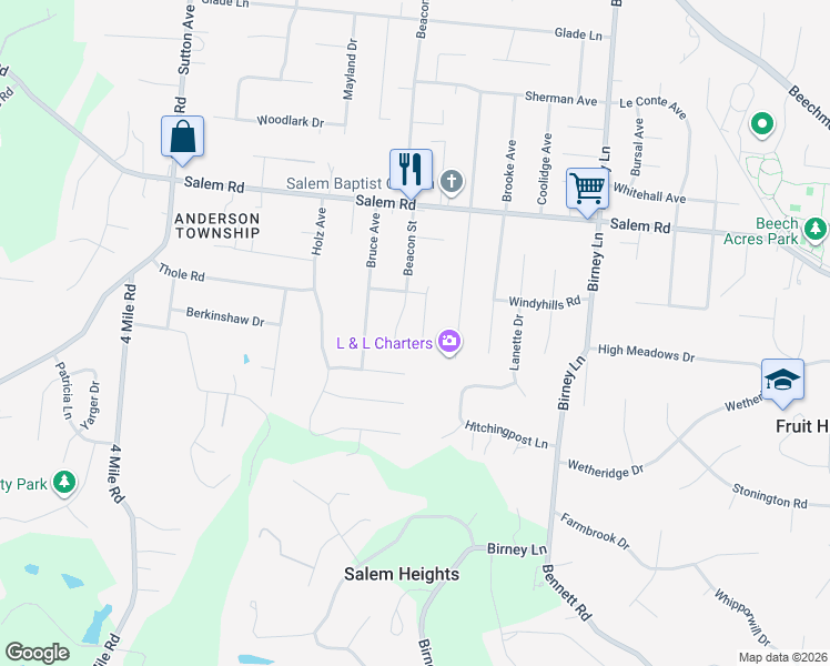 map of restaurants, bars, coffee shops, grocery stores, and more near 1019 Baytree Court in Cincinnati