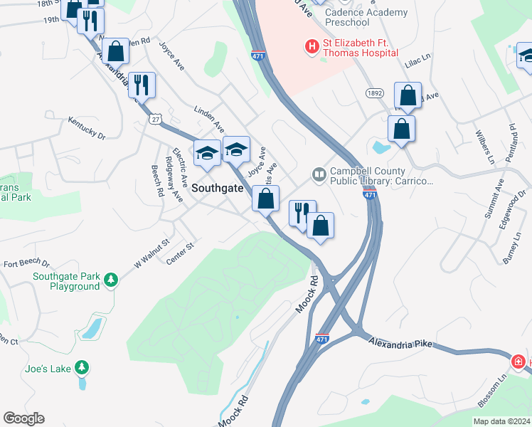 map of restaurants, bars, coffee shops, grocery stores, and more near 1150 Highland Avenue in Fort Thomas