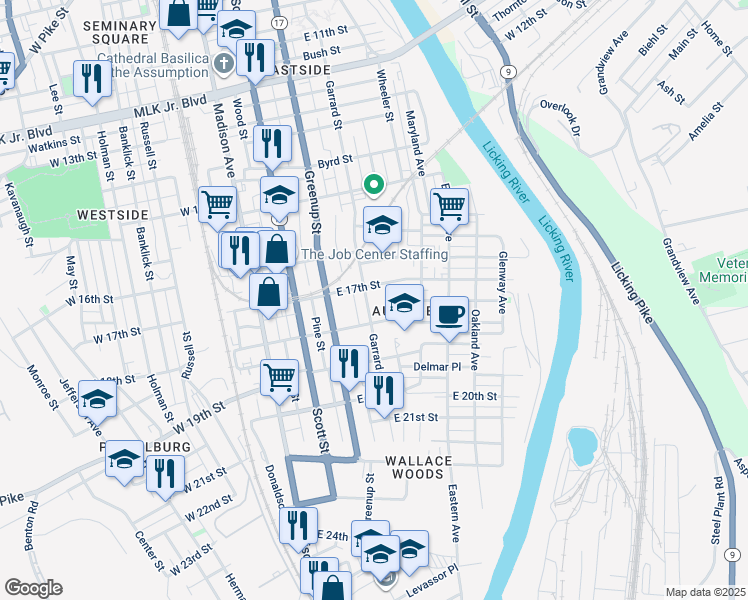 map of restaurants, bars, coffee shops, grocery stores, and more near 1717 Garrard Street in Covington