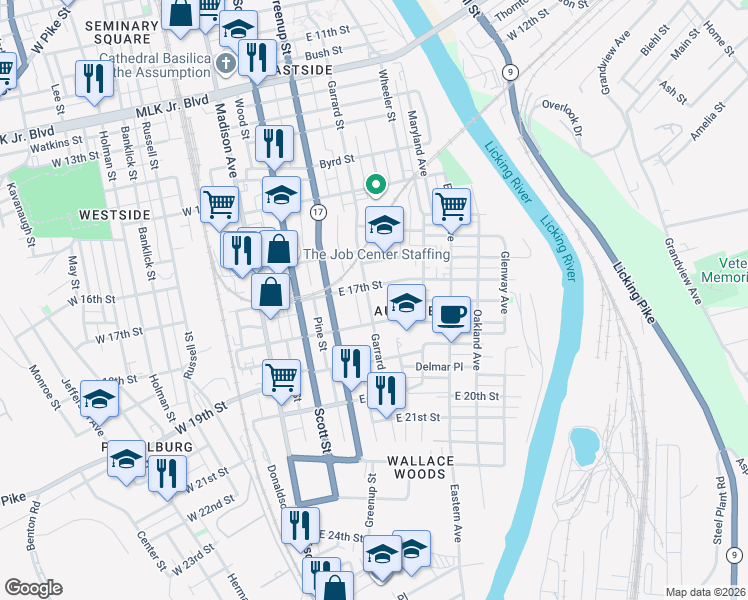map of restaurants, bars, coffee shops, grocery stores, and more near 1717 Garrard Street in Covington