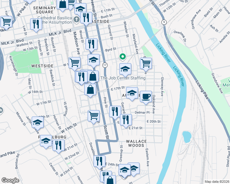 map of restaurants, bars, coffee shops, grocery stores, and more near 1717 Garrard Street in Covington