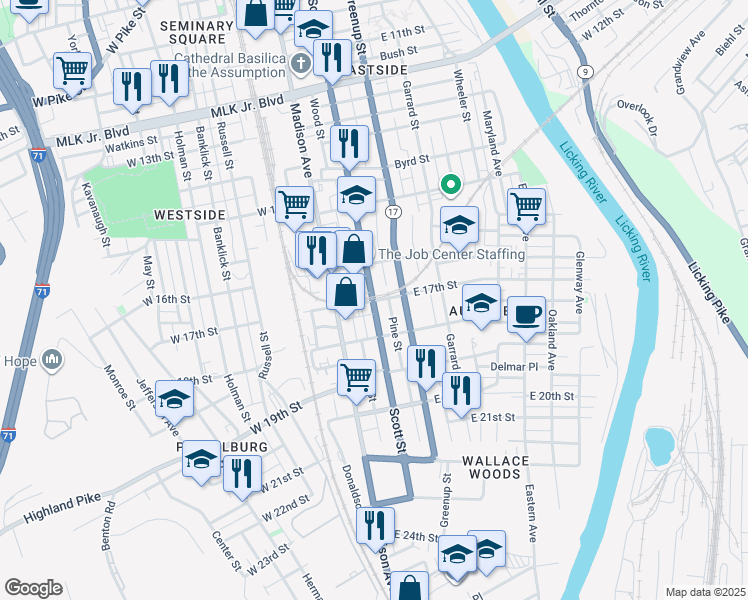 map of restaurants, bars, coffee shops, grocery stores, and more near 1705 Scott Boulevard in Covington