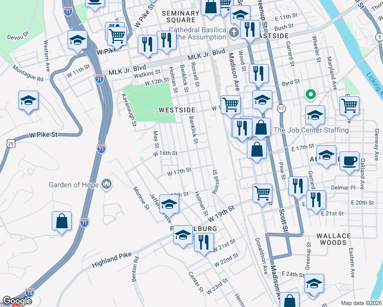 map of restaurants, bars, coffee shops, grocery stores, and more near 1615 Banklick Street in Covington