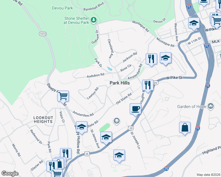 map of restaurants, bars, coffee shops, grocery stores, and more near 1123 Amsterdam Road in Park Hills