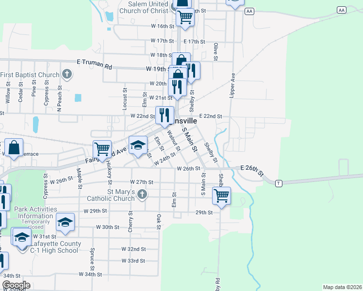 map of restaurants, bars, coffee shops, grocery stores, and more near 2304 Walnut Street in Higginsville
