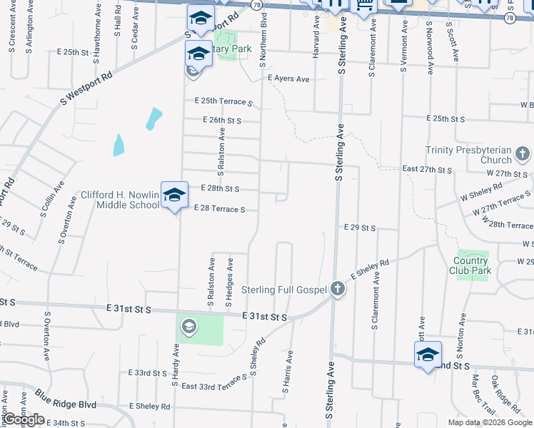 map of restaurants, bars, coffee shops, grocery stores, and more near 2823 South Northern Boulevard in Independence