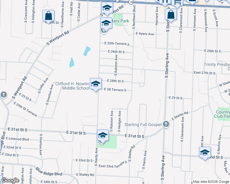 map of restaurants, bars, coffee shops, grocery stores, and more near 10601 East 28 Terrace South in Independence