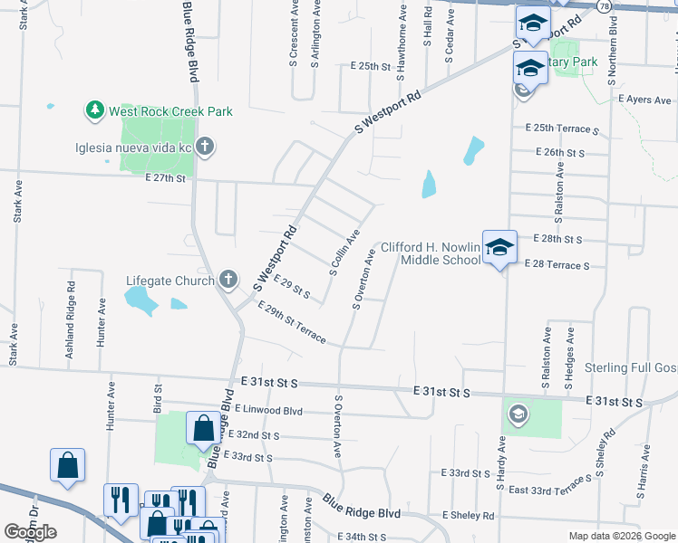 map of restaurants, bars, coffee shops, grocery stores, and more near 2819 South Collin Avenue in Independence
