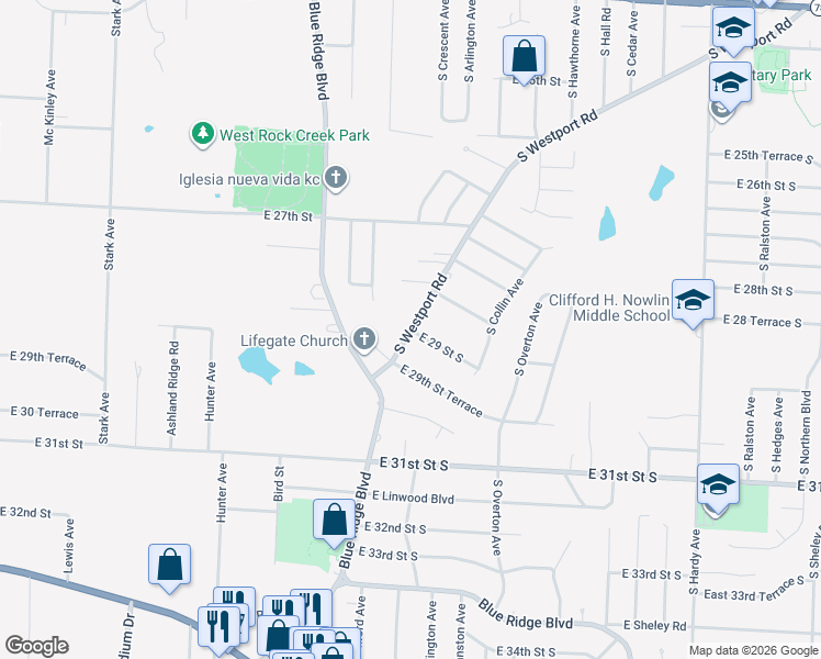 map of restaurants, bars, coffee shops, grocery stores, and more near 2911 Westport Road in Independence