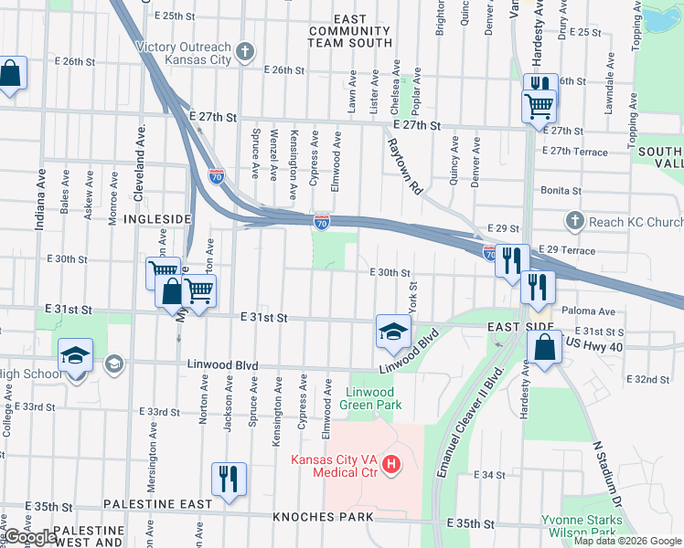 map of restaurants, bars, coffee shops, grocery stores, and more near 3008 Elmwood Avenue in Kansas City