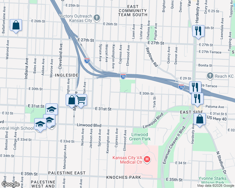 map of restaurants, bars, coffee shops, grocery stores, and more near 3017 Kensington Avenue in Kansas City
