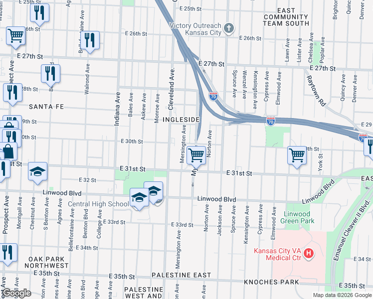 map of restaurants, bars, coffee shops, grocery stores, and more near 3021 Mersington Avenue in Kansas City