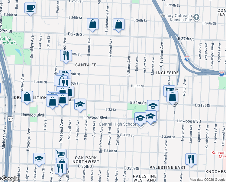 map of restaurants, bars, coffee shops, grocery stores, and more near 3218 East 30 Terrace in Kansas City