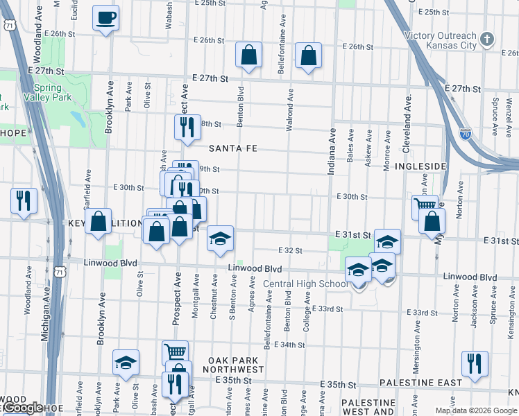 map of restaurants, bars, coffee shops, grocery stores, and more near 3021 Agnes Avenue in Kansas City