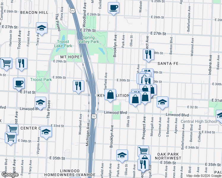 map of restaurants, bars, coffee shops, grocery stores, and more near 3039 Garfield Avenue in Kansas City