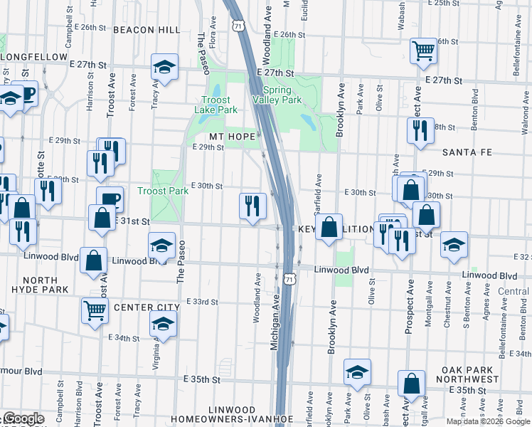 map of restaurants, bars, coffee shops, grocery stores, and more near 3037 Woodland Avenue in Kansas City
