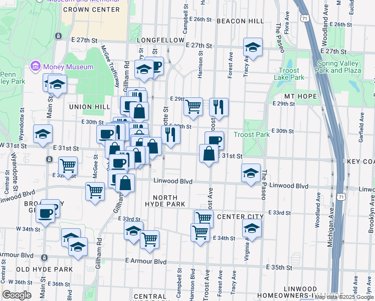map of restaurants, bars, coffee shops, grocery stores, and more near 901 East 31st Street in Kansas City