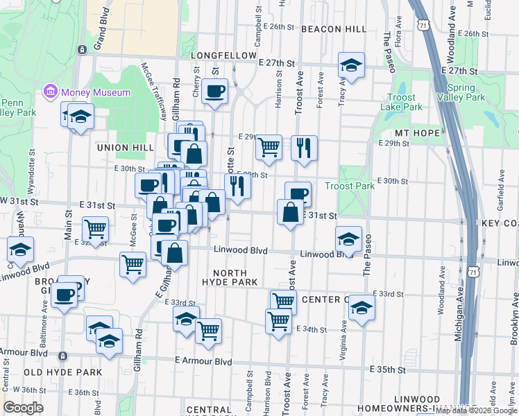 map of restaurants, bars, coffee shops, grocery stores, and more near 901 East 31st Street in Kansas City