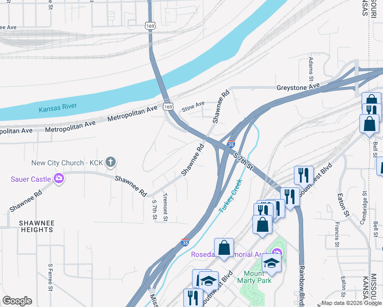 map of restaurants, bars, coffee shops, grocery stores, and more near 533 Shawnee Road in Kansas City