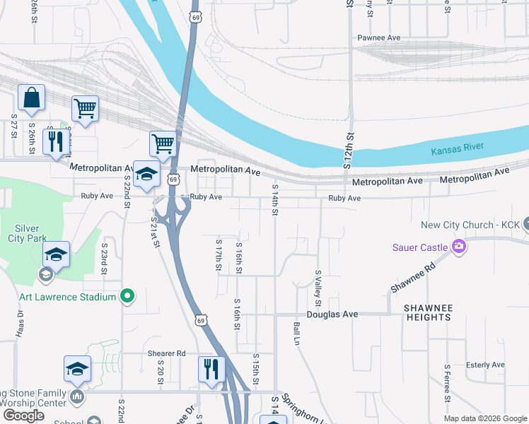 map of restaurants, bars, coffee shops, grocery stores, and more near 1626 South 15th Street in Kansas City